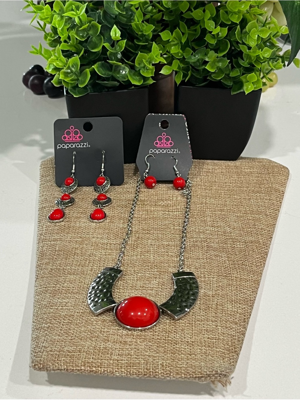 paparazzi Red Crescent Statement Necklace and Earrings Set